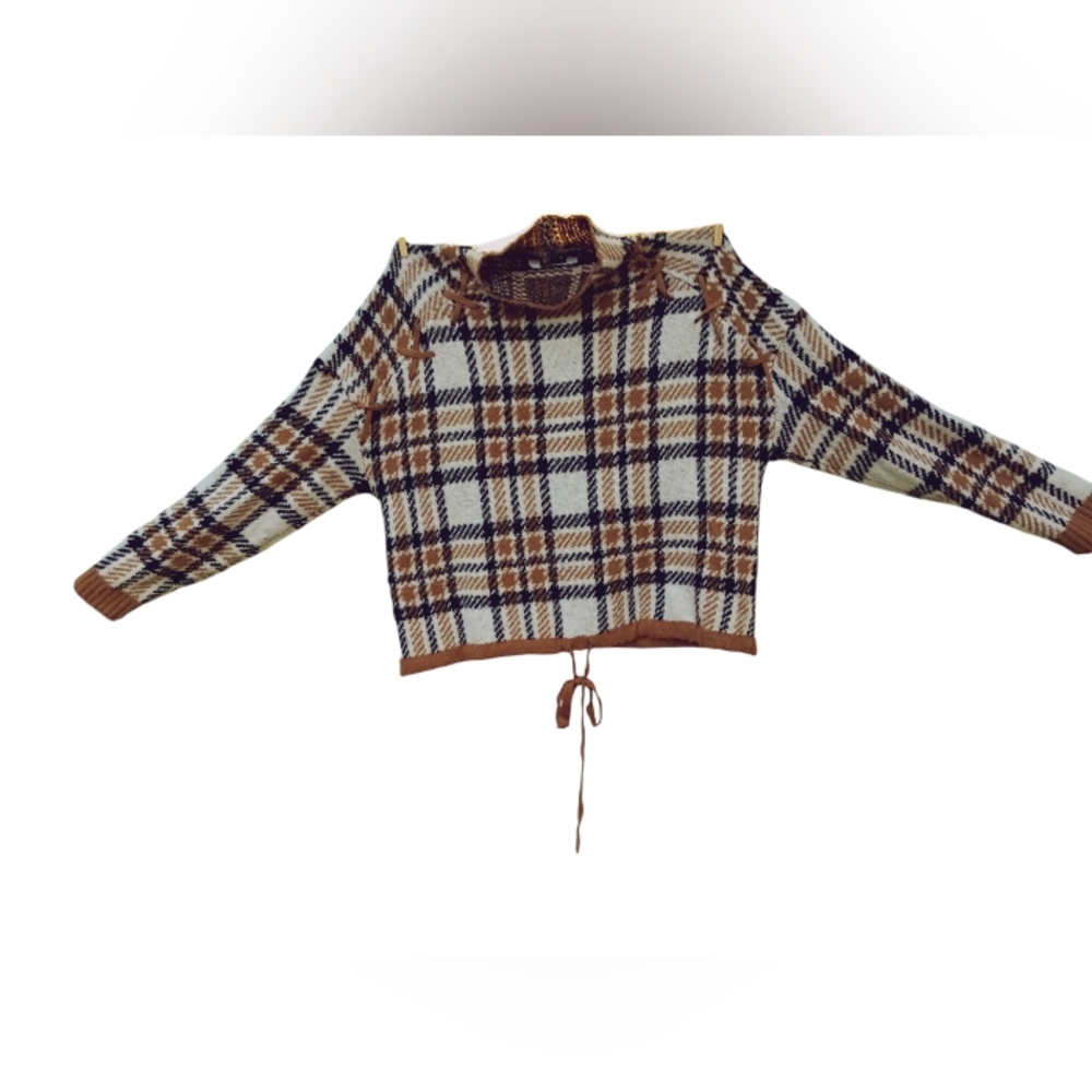 Women's white brown & black plaid lace sweater XL 15 17